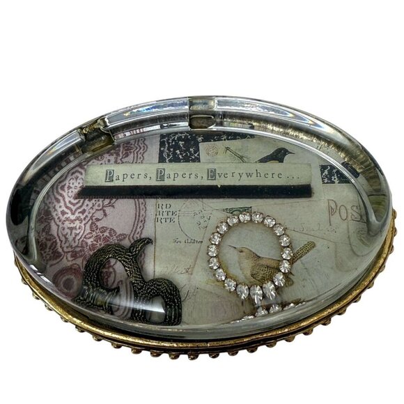 Glass Paperweight Retro Bird Collage Papers Papers Everywhere Rustic Farmhouse - Picture 1 of 8